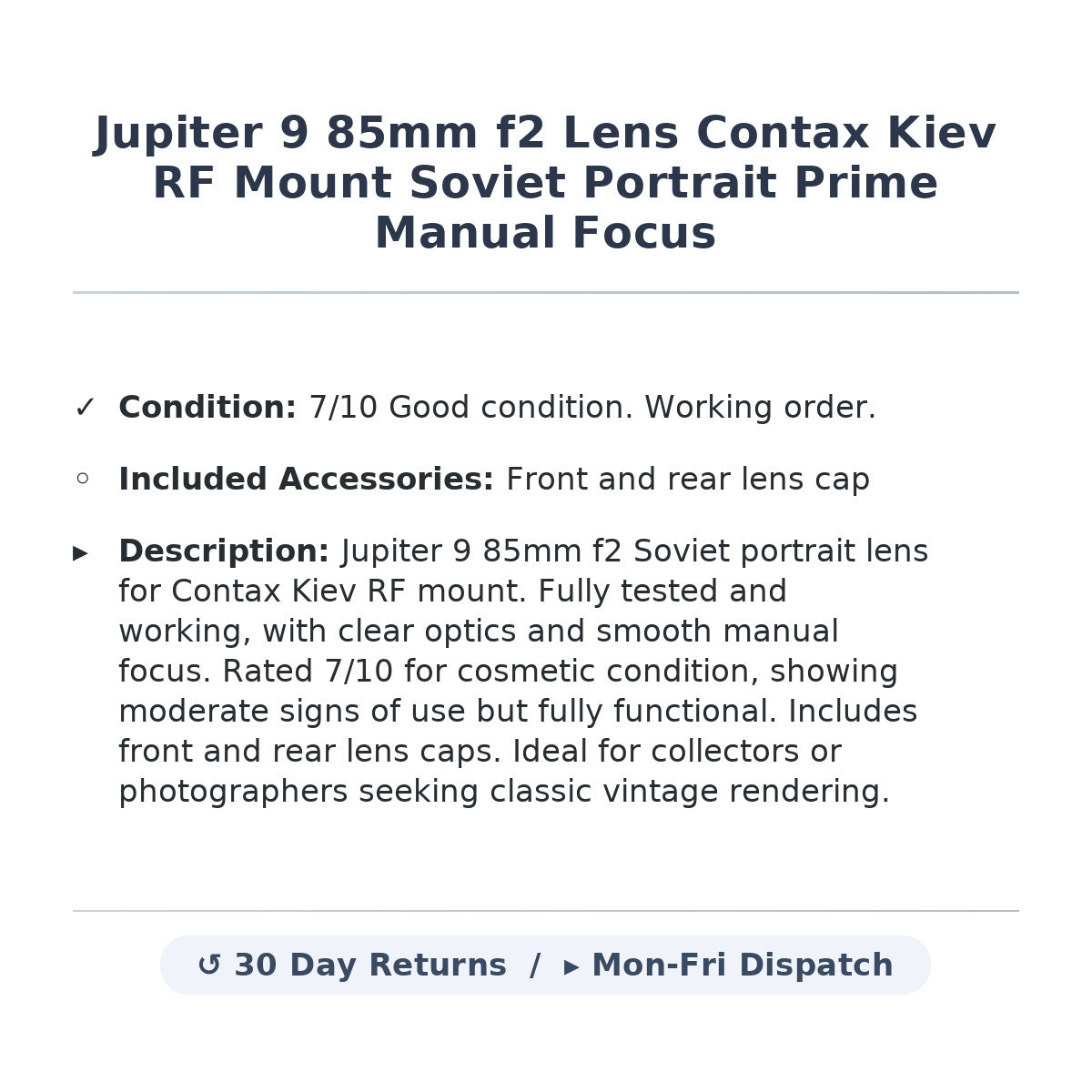 Jupiter 9 85mm f2 Lens Contax Kiev RF Mount Soviet Portrait Prime Manual Focus