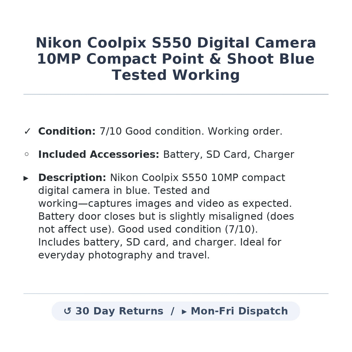 Nikon Coolpix S550 Digital Camera 10MP Compact Point & Shoot Blue Tested Works