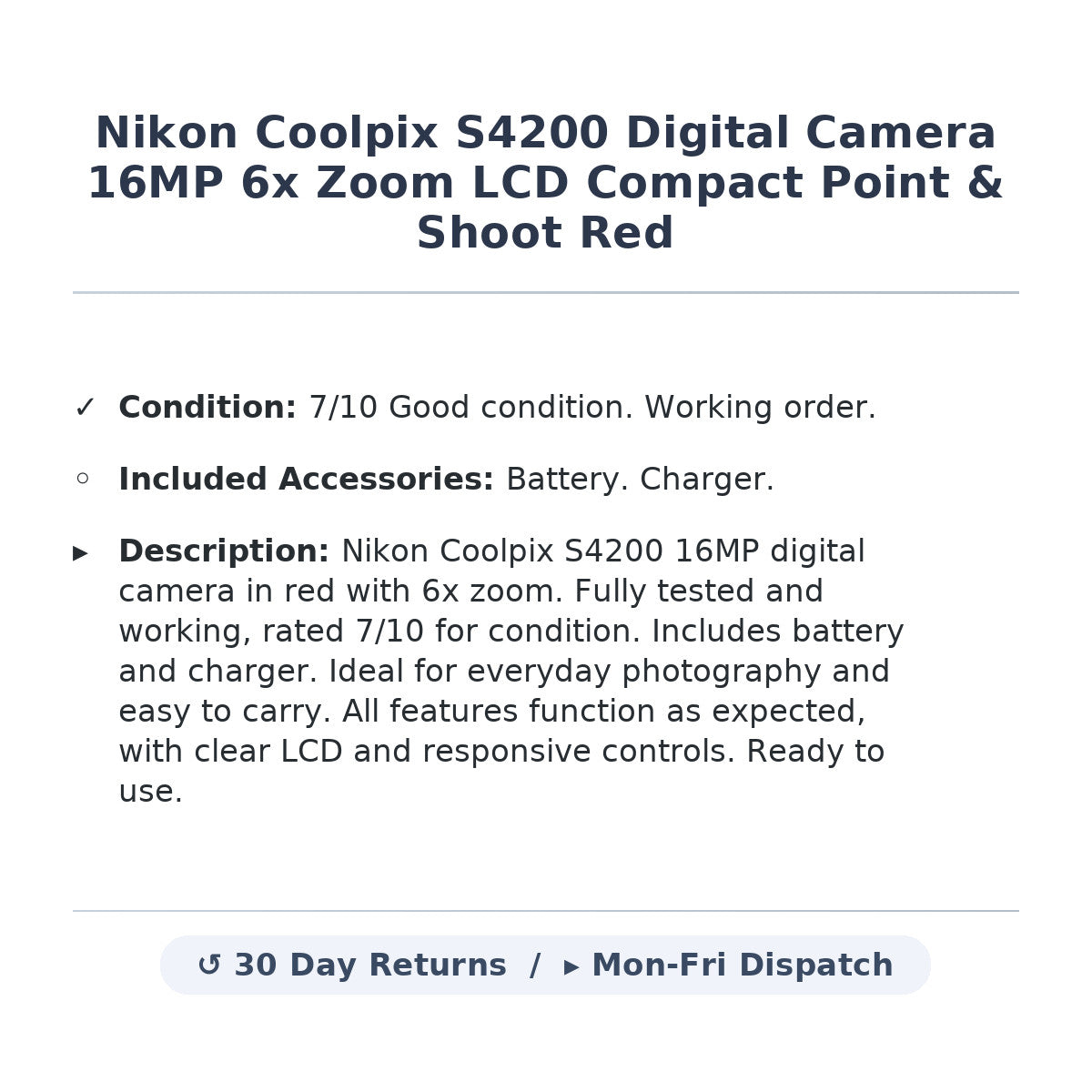 Nikon Coolpix S4200 Digital Camera 16MP 6x Zoom LCD Compact Point & Shoot Red