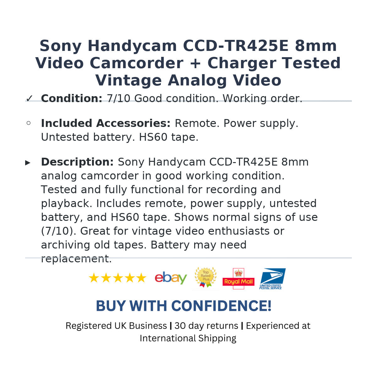 Sony Handycam CCD-TR425E 8mm Video Camcorder + Charger Tested Vintage Analog Vid