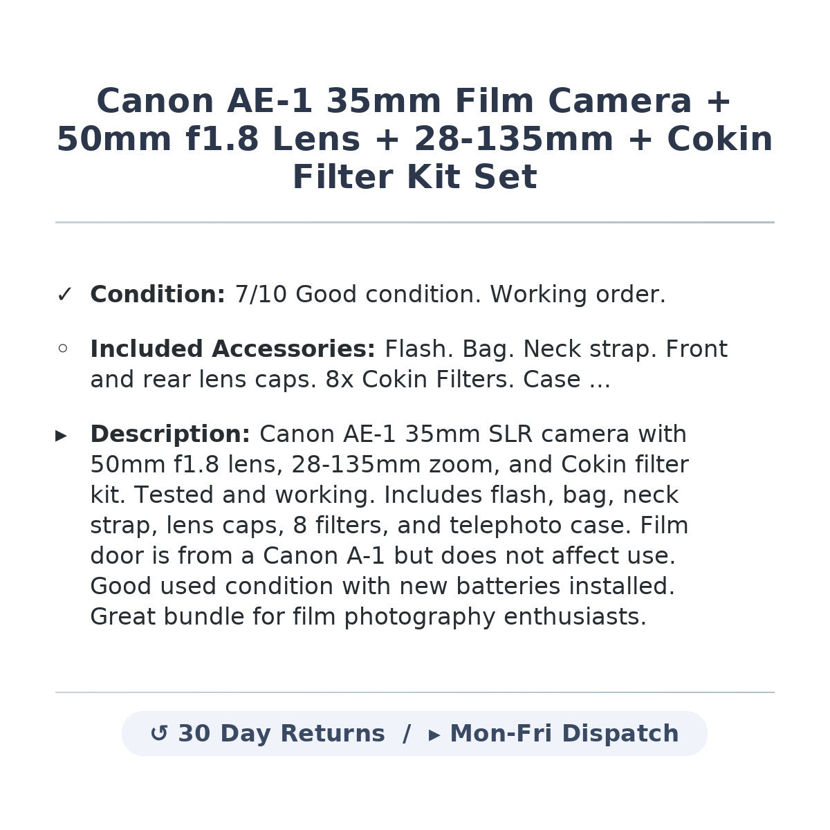 Canon AE-1 35mm Film Camera + 50mm f1.8 Lens + 28-135mm + Cokin Filter Kit Set