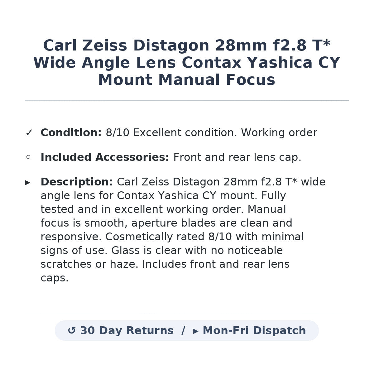 Carl Zeiss Distagon 28mm f2.8 T* Wide Angle Lens Contax Yashica CY Mount Manual
