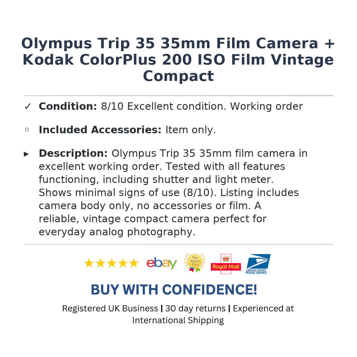 Olympus Trip 35 35mm Film Camera + Kodak ColorPlus 200 ISO Film Vintage Compact