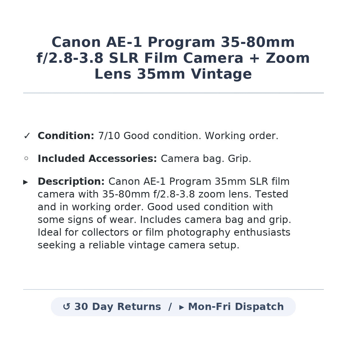 Canon AE-1 Program 35-80mm f/2.8-3.8 SLR Film Camera + Zoom Lens 35mm Vintage