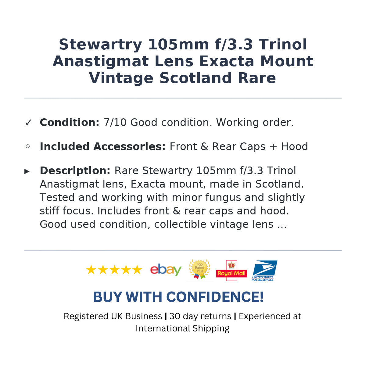 Stewartry 105mm f/3.3 Trinol Anastigmat Lens Exacta Mount Vintage Scotland Rare