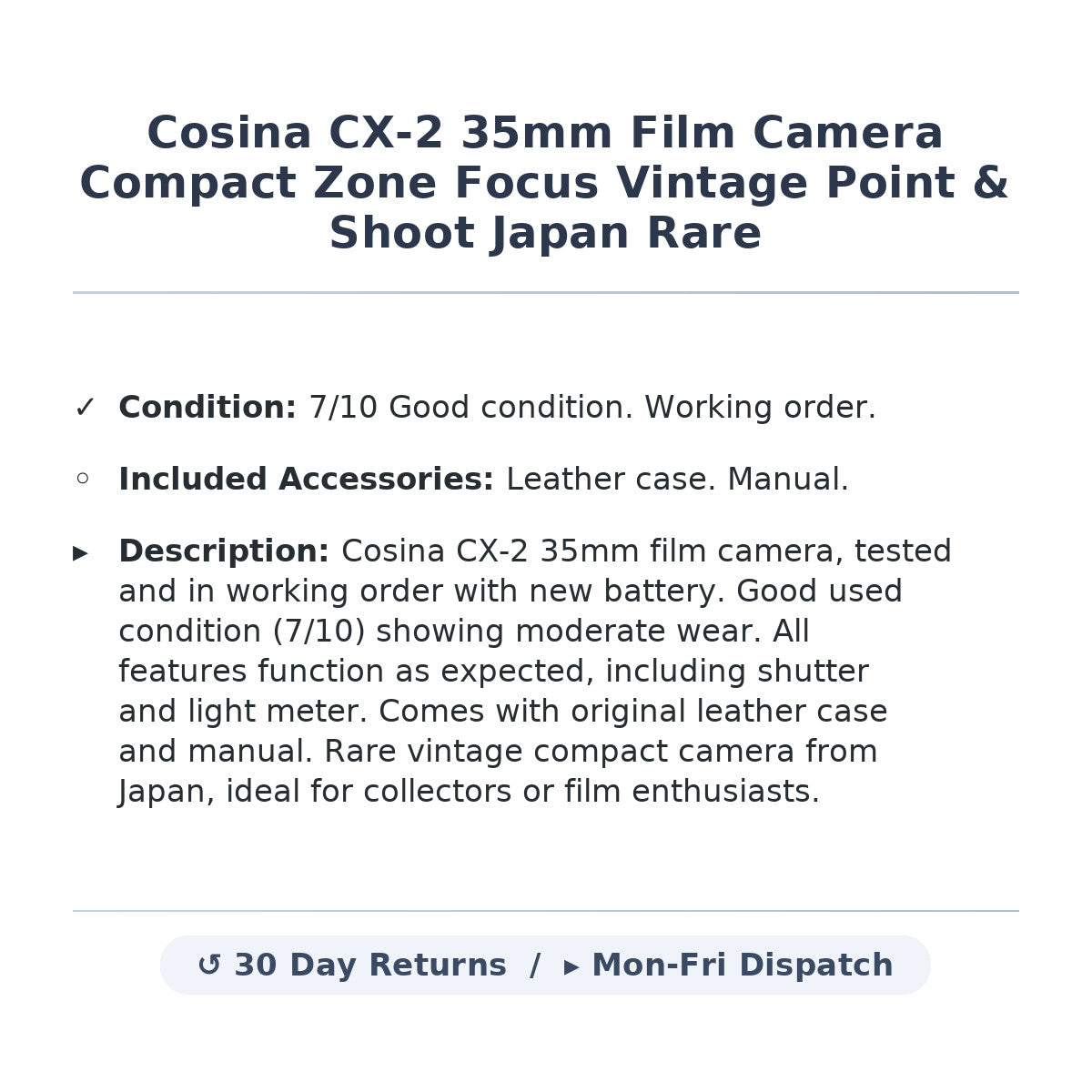 Cosina CX-2 35mm Film Camera Compact Zone Focus Vintage Point & Shoot Japan Rare