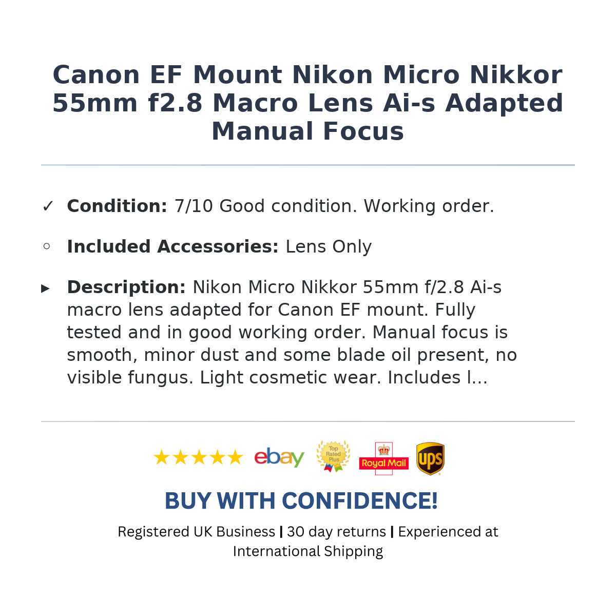 Canon EF Mount Nikon Micro Nikkor 55mm f2.8 Macro Lens Ai-s Adapted Manual Focus