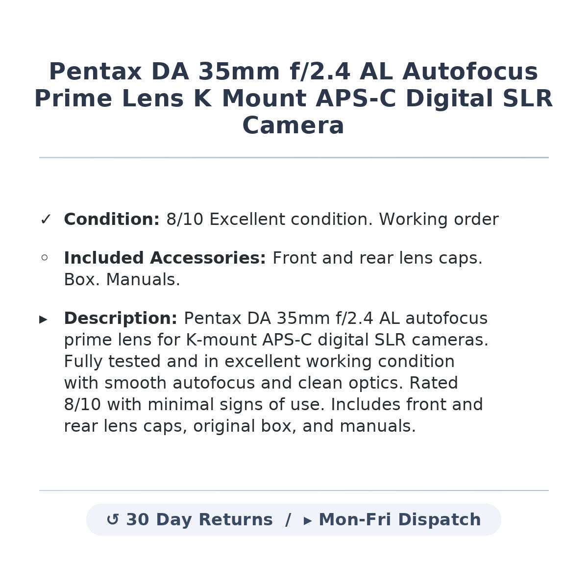 Pentax DA 35mm f/2.4 AL Autofocus Prime Lens K Mount APS-C Digital SLR Camera