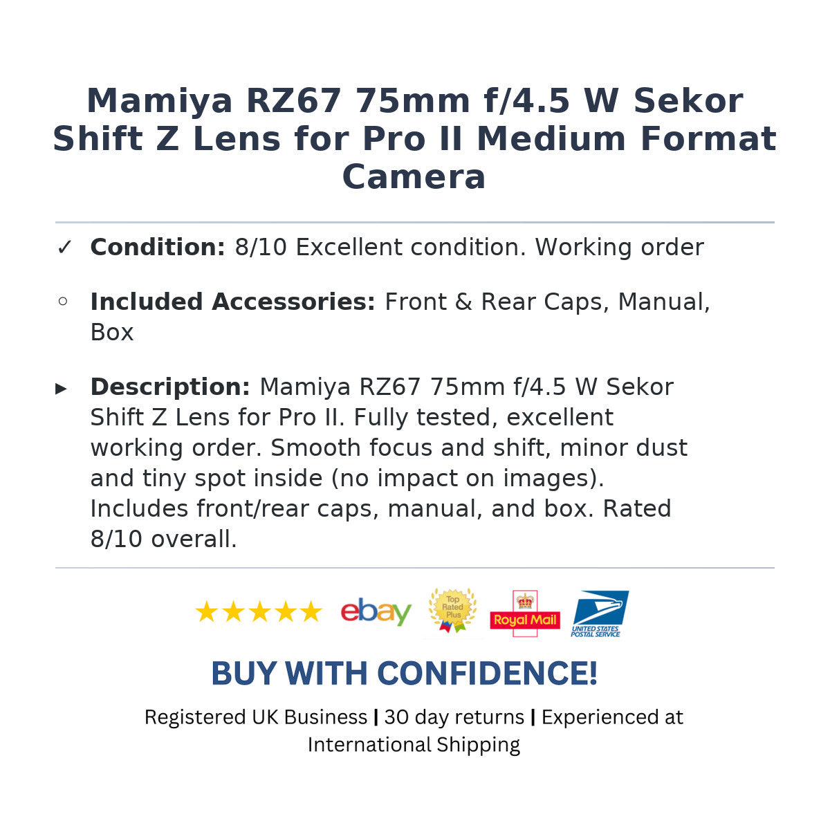 Mamiya RZ67 75mm f/4.5 W Sekor Shift Z Lens for Pro II Medium Format Camera