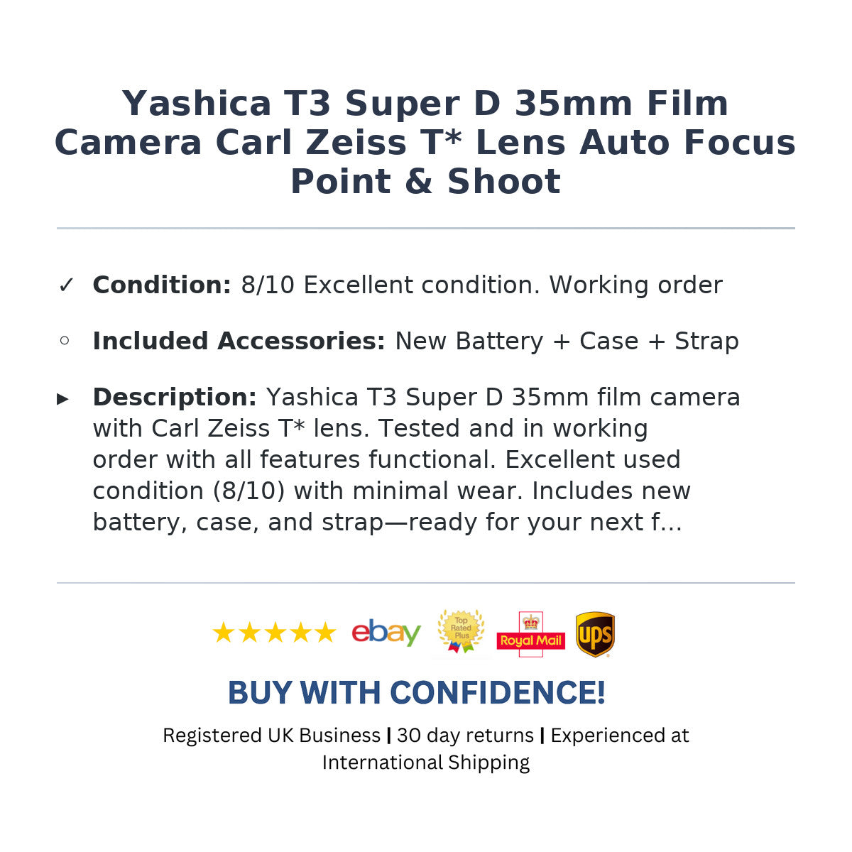 Yashica T3 Super D 35mm Film Camera Carl Zeiss T* Lens Auto Focus Point & Shoot