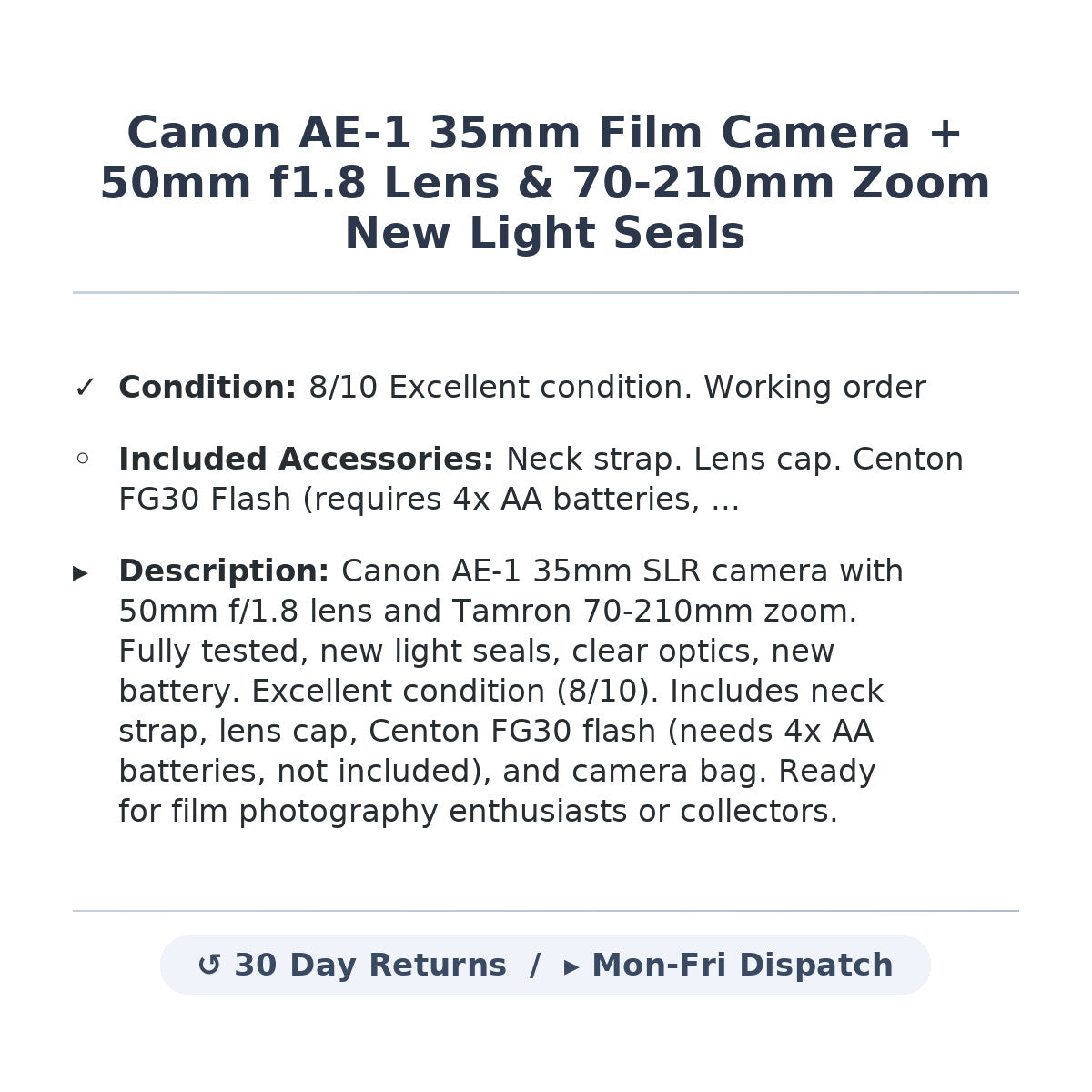 Canon AE-1 35mm Film Camera + 50mm f1.8 Lens & 70-210mm Zoom New Light Seals